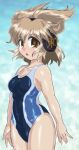  1girl black_swimsuit blue_background brown_eyes brown_hair competition_swimsuit cowboy_shot earmuffs gradient gradient_background looking_at_viewer one-piece_swimsuit pointy_hair short_hair solo standing swimsuit touhou toyosatomimi_no_miko winn 