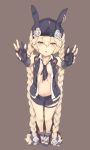  1girl absurdres ahokoo animal_hat animal_print bangs barefoot_sandals blonde_hair braid bunny_hat bunny_print collarbone dog_tags fingerless_gloves flat_chest full_body girls_frontline gloves grey_background hair_between_eyes hair_ornament half-closed_eyes hat highres leg_strap long_hair looking_at_viewer miniskirt navel necktie no_bra open_clothes open_mouth open_shirt outstretched_arms pink_eyes pleated_skirt sandals shirt short_necktie simple_background skirt sleeveless sleeveless_shirt solo sr-3mp_(girls_frontline) standing teeth twin_braids twintails very_long_hair vest white_shirt wing_collar 