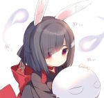  1girl animal_ears azur_lane bangs black_hair black_kimono blunt_bangs blush bow closed_mouth commentary_request eyebrows_visible_through_hair eyes_visible_through_hair hair_ornament hair_over_one_eye hair_ribbon hairclip hitodama japanese_clothes kimono kurokuma_(kuro_kumagaya) looking_at_viewer object_hug rabbit_ears red_bow red_eyes ribbon shiranui_(azur_lane) short_hair simple_background sketch solo translated white_background 