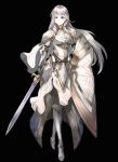  1girl absurdres ankoku_broccoli armor armored_dress breastplate cape full_armor gauntlets greaves grey_eyes highres holding holding_sword holding_weapon knight long_hair original pauldrons shield solo sword weapon white_hair 