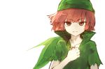  1boy auburn_hair brown_eyes character_request eyebrows_visible_through_hair green_hat green_shirt hat highres holding_necklace leaf looking_at_viewer pale_skin redhead riuichi shirt short_sleeves simple_background sketch solo upper_body white_background 