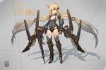  1girl :/ animal_ears armor armored_boots blonde_hair blue_eyes bobo_(6630978) boots breasts character_name cleavage covered_navel emblem eyebrows_visible_through_hair floating_hair full_body g41_(girls_frontline) girls_frontline grey_background hair_between_eyes heterochromia highres long_hair looking_at_viewer low_twintails machinery medium_breasts number red_eyes silhouette solo standing thigh-highs twintails v-shaped_eyebrows very_long_hair white_legwear 