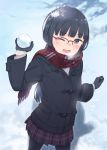  arm_up black_coat black_gloves black_hair checkered_scarf coat commentary_request duffel_coat fur-trimmed_gloves fur_trim glasses gloves grey_eyes kyak_bamboo long_hair long_sleeves one_eye_closed open_mouth original red-framed_eyewear red_scarf scarf school_uniform shirt skirt smile snow snowball snowball_fight white_shirt winter winter_clothes winter_coat 