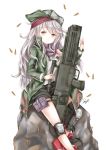  1girl :t assault_rifle black_shorts blush brown_eyes bullet chohee closed_mouth eyebrows_visible_through_hair g11 girls_frontline green_hat green_jacket gun hair_between_eyes hat head_tilt highres holding holding_gun holding_weapon jacket knee_pads long_hair long_sleeves looking_at_viewer open_clothes open_jacket red_footwear rifle rock shirt shorts signature silver_hair simple_background sitting solo thigh_strap very_long_hair weapon white_background white_shirt 