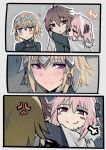  1girl 2boys anger_vein arms_around_neck black_shirt blonde_hair blush blush_stickers brown_eyes brown_hair cape comic commentary_request fate/apocrypha fate_(series) fur_trim hair_between_eyes hair_intakes hair_ornament hair_ribbon jeanne_alter long_sleeves looking_away multiple_boys pink_hair ribbon rider_of_black ruler_(fate/apocrypha) shirt sieg_(fate/apocrypha) smug translation_request trembling walzrj 