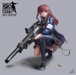  1girl ar-15 black_footwear black_gloves blue_jacket blue_legwear brown_hair closed_mouth combat_knife copyright_name english fingerless_gloves full_body girls_frontline glint gloves grey_background gun holding holding_gun holding_weapon jacket kneeling knife lion_(dielion) logo long_hair looking_at_viewer one_side_up open_clothes open_jacket rifle scope sheath sheathed shell_casing single_thighhigh sniper_rifle solo st_ar-15_(girls_frontline) thigh-highs weapon 