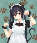  1girl alternate_costume animal_hood apron argyle argyle_background black_bow black_hair bow brown_eyes cat_hood cat_tail enmaided hair_bow hijouguti hood k-on! long_hair looking_at_viewer maid maid_apron maid_headdress nakano_azusa paw_pose paw_print_pattern standing tail twintails wrist_cuffs 