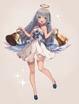  1girl :d bangs bare_legs beige_background bell bellringer_angel blue_hair blue_wings blush criss-cross_halter dress feathered_wings full_body hair_ornament hairclip halo halterneck long_hair looking_at_viewer open_mouth riku_(wana) shadowverse sidelocks simple_background smile solo white_dress wings 