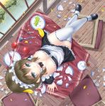  1girl apron blue_eyes breasts broken_plate brown_hair candlestand cleavage dutch_angle food from_above full_body legs_crossed looking_at_viewer maid maid_apron maid_headdress medium_breasts original short_hair sitting smile solo thigh-highs yamaishi_nohi 