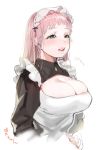  1girl bangs blush breasts cleavage cleavage_cutout grey_eyes hands_together highres large_breasts long_hair long_sleeves maid maid_headdress mole mole_on_breast ohisashiburi parted_lips pink_hair sketch smile solo upper_body 