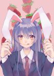  1girl animal_ears blazer commentary_request crescent crescent_moon_pin food fruit highres jacket long_hair looking_at_viewer makita_(vector1525) necktie purple_hair rabbit_ears red_eyes red_neckwear reisen_udongein_inaba solo strawberry tongue tongue_out touhou 