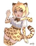  1girl animal_ears blonde_hair bow bowtie breast_pocket brown_neckwear claw_pose elbow_gloves eyebrows_visible_through_hair fur_collar gloves hand_up high-waist_skirt jaguar_(kemono_friends) jaguar_print kemono_friends legs_together looking_at_viewer pocket shirt short_hair signature simple_background skirt slit_pupils solo tail thigh-highs umiroku upper_body white_background white_shirt yellow_eyes 