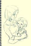  2girls android_18 carrying closed_eyes dragon_ball dragon_ball_super dragonball_z fukuko_fuku marron monochrome mother_and_daughter multiple_girls notebook open_mouth short_hair simple_background smile traditional_media 