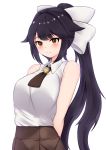  1girl absurdres arms_behind_back azur_lane bare_shoulders black_hair bow breasts closed_mouth commentary_request highres large_breasts long_hair looking_at_viewer mapyarong ponytail solo takao_(azur_lane) upper_body 