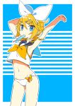  1girl armpits arms_up ascot bare_arms bare_shoulders bikini_bottom blonde_hair blue_eyes bow crop_top flat_chest food food_in_mouth hair_bow hair_ornament hairclip hand_behind_head kagamine_rin looking_at_viewer midriff mouth_hold navel popsicle sailor_collar shirt short_hair sleeveless sleeveless_shirt solo stretched_limb vocaloid yoshiki 
