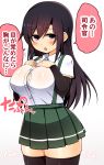  1girl arm_warmers asashio_(kantai_collection) black_hair black_legwear blue_eyes blush breasts buttons hands_on_own_chest highres impossible_clothes impossible_shirt kantai_collection large_breasts long_hair open_mouth pleated_skirt richou_(zerozero1101) school_uniform shirt short_sleeves skirt solo suspenders sweatdrop text thigh-highs white_shirt 