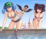  4girls alternate_hairstyle bait bare_arms bare_legs bare_shoulders bikini bikini_top black_eyes black_hair black_hat black_wings blue_eyes blue_hair breasts camera cleavage commentary commentary_request day double_bun english erect_nipples feathered_wings fishing fishing_rod flying green_hat hair_bobbles hair_ornament halter_top halterneck hand_up hat hater_(hatater) highres himekaidou_hatate holding horizon inubashiri_momiji kawashiro_nitori kneeling large_breasts looking_to_the_side lying multiple_girls navel outdoors pointy_ears purple_bikini shameimaru_aya short_hair short_shorts shorts side-tie_bikini string_bikini summer swimsuit tail tan tokin_hat touhou two_side_up v_arms water wings wolf_tail 