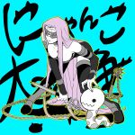  1girl absurdly_long_hair bare_shoulders blindfold boots breasts bridal_gauntlets chains cleavage commentary_request dress elbow_gloves facial_mark fate/stay_night fate_(series) forehead_mark gloves leaning_forward long_hair nameless_dagger nyanko_daisensou ooga parted_lips purple_hair rider snake strapless strapless_dress thigh-highs thigh_boots very_long_hair 