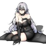  1girl bare_shoulders black_gloves black_legwear breasts cleavage elbow_gloves fate/grand_order fate_(series) gloves highres jeanne_alter long_hair looking_at_viewer navel ruler_(fate/apocrypha) silver_hair sitting sleeveless solo tetsu_(excalibur920) thigh-highs very_long_hair yellow_eyes 
