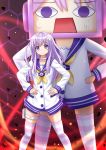  1girl blush choker d-pad dress hair_ornament hairclip hands_on_hips highres kazenokaze long_hair looking_at_viewer neckerchief nepgear nepgyaa neptune_(series) purple_hair robot sailor_dress smile striped striped_dress striped_legwear thigh-highs thigh_strap violet_eyes 