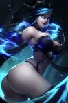  1girl artist_request ass black_hair blue_eyes breasts bustier evelynn highres large_breasts league_of_legends midriff navel tagme tattoo thigh-highs 