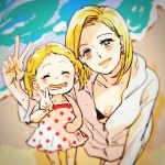  2girls android_18 beach blonde_hair blue_eyes closed_eyes dragon_ball dragonball_z dress fukuko_fuku looking_at_viewer marron mother_and_daughter multiple_girls ocean open_mouth sand short_hair twintails v wet wet_hair 