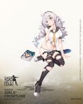  1girl ammunition_belt aqua_panties artist_request bangs benghuai_xueyuan black_footwear black_legwear blue_eyes blush character_name closed_mouth converse copyright_name crossover drill_hair full_body girls_frontline grey_hair gun hair_between_eyes hairband handgun highres kiana_kaslana light_frown long_hair looking_at_viewer manga_(object) miniskirt navel necktie official_art panties pistol plaid plaid_skirt school_uniform serafuku shadow shoes short_sleeves skirt sneakers solo striped striped_panties thigh-highs torn_clothes torn_skirt torn_thighhighs underwear watermark weapon web_address yellow_neckwear 