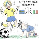  2girls all_fours alternate_costume ball blonde_hair blue_hair blue_legwear blue_shirt blue_shorts chinese commentary_request gota_lejon_(zhan_jian_shao_nyu) italian_flag multicolored_hair multiple_girls shirt short_hair shorts soccer_ball soccer_uniform socks sportswear swedish_flag translation_request vittorio_veneto_(zhan_jian_shao_nyu) white_hair white_shorts y.ssanoha yellow_legwear yellow_shirt zhan_jian_shao_nyu 