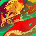  1girl artist_name blonde_hair bow clenched_hand closed_mouth crystal dress flandre_scarlet frilled_skirt frills hat hat_bow hat_ribbon laevatein looking_at_viewer mob_cap puffy_short_sleeves puffy_sleeves red_bow red_dress red_eyes red_ribbon red_skirt ribbon short_sleeves skirt smile solo spinning temmie_chang touhou 