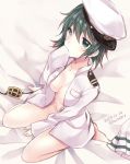  1girl eyepatch eyepatch_removed green_eyes green_hair hat jacket_on_shoulders kabocha_torute kantai_collection kiso_(kantai_collection) naval_unifom no_bra no_panties peaked_cap pleated_skirt sailor_hat short_hair sitting skirt skirt_removed sleeves_past_wrists solo wariza white_skirt 