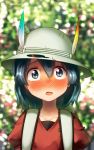  1girl backpack bag black_eyes black_hair blurry blurry_background blush bucket_hat commentary_request depth_of_field hair_between_eyes hat hat_feather highres kaban_(kemono_friends) kemono_friends looking_at_viewer open_mouth outdoors red_shirt shirt short_hair solo sweat upper_body wavy_hair welt_(kinsei_koutenkyoku) 