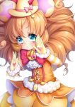  1girl blue_eyes blush bow brooch brown_hair chiyonekoko cure_mofurun detached_sleeves fighting_stance frills gloves hat heart jewelry long_hair long_sleeves mahou_girls_precure! mini_hat mini_witch_hat orange_hair pink_bow precure puckered_lips puffy_short_sleeves puffy_sleeves short_sleeves solo star_in_eye striped_sleeves suspenders v-shaped_eyebrows white_background witch_hat yellow_bloomers yellow_gloves yellow_hat 