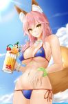  1girl animal_ears bangle bare_arms bare_shoulders bikini blue_bikini blue_sky bracelet breasts chocolate clouds commentary_request cowboy_shot cup day drink drinking_glass fate/grand_order fate_(series) food fox_ears fox_tail from_below fruit glint hair_over_shoulder holding holding_cup jewelry kitagawa_onitarou large_breasts lips long_hair looking_at_viewer looking_down low-tied_long_hair lowleg lowleg_bikini nail_polish navel necklace orange_ribbon outdoors pink_hair pink_nails ribbon side-tie_bikini sky smile solo standing stomach strawberry string_bikini sunlight swimsuit tail tamamo_(fate)_(all) tamamo_no_mae_(swimsuit_lancer)_(fate) thighs under_boob yellow_eyes 