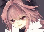  1boy black_bow black_shirt bow eyebrows_visible_through_hair face fang fate/apocrypha fate_(series) grey_background open_mouth pink_eyes pink_hair portrait rider_of_black riuichi shirt simple_background smile solo white_coat 