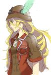  1girl absurdres blonde_hair blue_eyes breasts cowboy_shot drill_hair hat hat_feather highres long_hair lyza made_in_abyss medium_breasts sketch smirk solo ta-chun vest white_background 