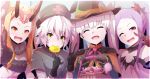  4girls :d ^_^ animal_ears bandage bandaged_arm bangs basket black_gloves black_hat black_shirt blonde_hair bow candy capelet cat_ears closed_eyes cross_print detached_collar dress eyebrows_visible_through_hair facial_mark fangs fate/apocrypha fate/extra fate/grand_order fate_(series) fingernails food food_in_mouth forehead fur gloves green_eyes grey_dress grey_hat hair_between_eyes halloween halloween_costume hat hat_bow heart highres holding holding_basket holding_lollipop horns ibaraki_douji_(fate/grand_order) jack_the_ripper_(fate/apocrypha) lollipop long_fingernails long_hair long_sleeves looking_at_viewer multiple_girls nurse nurse_cap nursery_rhyme_(fate/extra) oni oni_horns open_mouth orange_bow orange_capelet orange_eyes parted_bangs purple_hair scar scar_across_eye scar_on_cheek shirt sidelocks smile swirl_lollipop tattoo twintails v very_long_hair violet_eyes wadakazu white_hair witch_hat wu_zetian_(fate/grand_order) 