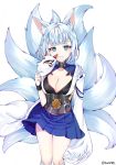  1girl animal_ears azur_lane bangs blue_eyes blue_skirt blunt_bangs blush breasts cleavage closed_mouth fox_ears fox_mask fox_tail hakama_skirt highres japanese_clothes kaga_(azur_lane) large_breasts long_sleeves looking_at_viewer mask multiple_tails reel37891 short_hair silver_hair simple_background skirt smile solo tail white_background wide_sleeves 