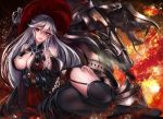  1girl arm_support armor bare_shoulders belt black_bow black_dress black_gloves black_legwear bow breasts cape cleavage detached_sleeves dress elbow_gloves embers fire frilled_sleeves frills full_body garter_straps gloves glowing glowing_eyes granblue_fantasy hand_on_own_thigh hat highres horns large_breasts leg_up long_hair looking_away magisa_(granblue_fantasy) monster parted_lips red_eyes sideboob silver_hair sitting sleeves_past_wrists striped thigh-highs vertical-striped_dress vertical_stripes very_long_hair witch witch_hat yellow_eyes ytoy 
