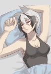  1girl absurdres alternate_costume armpits arms_up black_eyes black_hair breasts cleavage grey_hair highres looking_at_viewer lying made_in_abyss medium_breasts multicolored_hair on_back ozen parted_lips short_hair sideboob sketch solo ta-chun tank_top under_covers upper_body 
