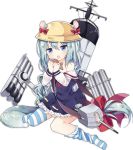  1girl artist_request azur_lane blue_eyes blue_hair character_request eating fish gun hair_ribbon hat long_braid long_hair official_art ribbon rigging school_hat school_uniform sitting solo striped striped_legwear tail thigh-highs torpedo_tubes weapon white_background 