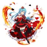  1girl asuna_(sao-alo) blue_eyes blue_hair breasts card choker cleavage crown dress fire floating_hair full_body head_tilt heart long_hair looking_at_viewer medium_breasts mini_crown one_leg_raised pointy_ears red_dress red_legwear short_dress simple_background smile solo sparkle sword_art_online thigh-highs very_long_hair white_background 