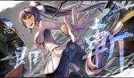  1girl ;d azur_lane black_hair black_legwear bow breasts brown_eyes cowboy_shot foreshortening gloves hair_bow holding holding_sword holding_weapon iroia katana large_breasts long_hair long_sleeves looking_at_viewer military military_uniform one_eye_closed open_mouth pantyhose pleated_skirt ponytail skirt smile solo sword takao_(azur_lane) uniform very_long_hair weapon white_gloves white_skirt 