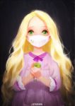  1girl animal blonde_hair commentary dress green_eyes highres holding holding_animal lin_yl_deng long_hair looking_at_viewer mask purple_dress rapunzel_(disney) solo strabismus surgical_mask tangled very_long_hair white_mask 