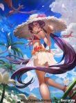  1girl bikini breasts closed_mouth copyright_name flower force_of_will hat lack long_hair looking_at_viewer official_art purple_hair red_eyes see-through solo straw_hat striped striped_bikini swimsuit transparent_skirt 
