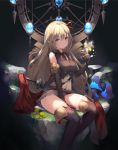  1girl arisa_(shadowverse) between_legs blonde_hair boots breasts dandelion elbow_gloves elf fairy flower gloves green_eyes hair_ribbon hand_between_legs hand_up long_hair looking_at_viewer mushroom pointy_ears ribbon riku_(wana) shadowverse sitting sitting_on_rock skirt solo sword sword_behind_back thigh-highs thigh_boots weapon 