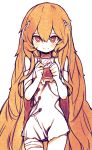  1girl 3: bandaged_neck bare_shoulders blood blood_bag blush closed_mouth dress food fruit girls_frontline hair_between_eyes highres holding long_hair looking_at_viewer monochrome orange_(color) ribeyrolles_1918_(girls_frontline) signature sketch solo tosyeo very_long_hair white_background 