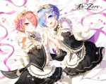  2girls :d artist_name bed_sheet black_ribbon blue_eyes blue_hair blurry blush breasts copyright_name depth_of_field dress eyebrows_visible_through_hair frilled_sleeves frills from_above hair_ornament hair_over_one_eye hand_holding looking_at_viewer lying maid maid_headdress medium_breasts multiple_girls myoya neck_ribbon on_side open_mouth parted_lips petals pink_eyes pink_hair pink_ribbon ram_(re:zero) re:zero_kara_hajimeru_isekai_seikatsu rem_(re:zero) ribbon ribbon-trimmed_clothes ribbon_trim siblings small_breasts smile twins twintails white_legwear wide_sleeves x_hair_ornament 