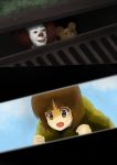 1girl 2koma :d bandaid bangs boko_(girls_und_panzer) brown_eyes brown_hair clouds cloudy_sky clown comic commentary day eyebrows_visible_through_hair girls_und_panzer highres it_(stephen_king) makeup mt_totemo_tuyoi nishizumi_miho open_mouth pennywise redhead short_hair sky smile storm_drain stuffed_animal stuffed_toy teddy_bear yellow_coat 