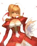  1girl ahoge bangs blonde_hair blush braid breasts cleavage closed_mouth dress epaulettes eyebrows_visible_through_hair fate/extra fate_(series) french_braid green_eyes hair_intakes hana_mori hand_up highres juliet_sleeves long_sleeves looking_at_viewer medium_breasts petals puffy_sleeves red_dress saber_extra see-through sidelocks simple_background smile solo v-shaped_eyebrows white_background 