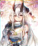  1girl artist_name bangs blush breasts brown_eyes cherry_blossoms closed_mouth day detached_sleeves eyebrows_visible_through_hair fate/grand_order fate_(series) hachimaki hair_between_eyes hand_up headband horns japanese_clothes large_breasts long_hair looking_at_viewer mirutu outdoors petals sideboob signature silver_hair solo tomoe_gozen_(fate/grand_order) upper_body 